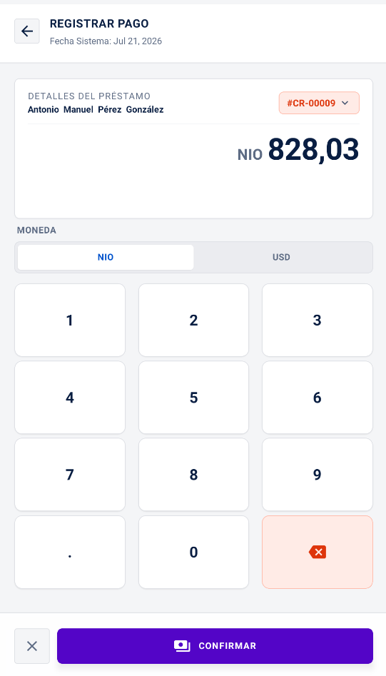 Pantalla de la aplicación móvil